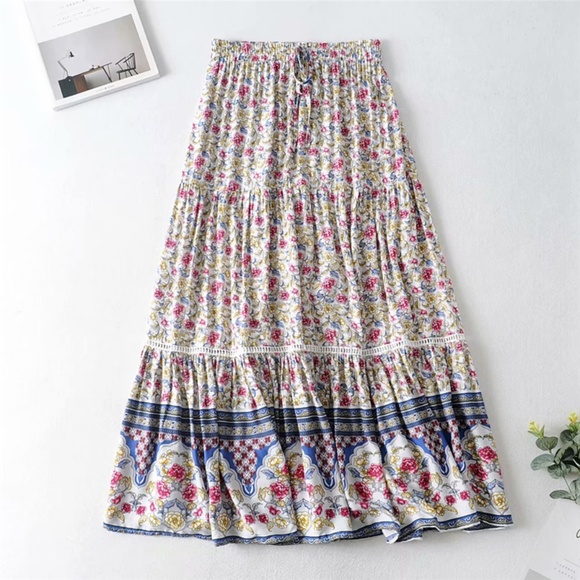 013 Boho Blue Floral Print Ruffle Maxi Skirt Gypsy - Picture 10 of 11